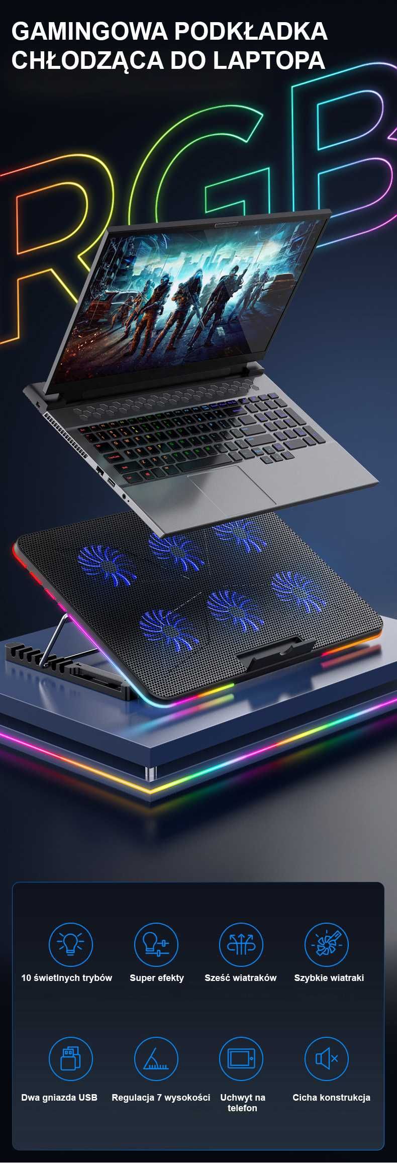 PODSTAWKA CHŁODZĄCA POD LAPTOP-A 12-16'' RGB LED + stojak na telefon