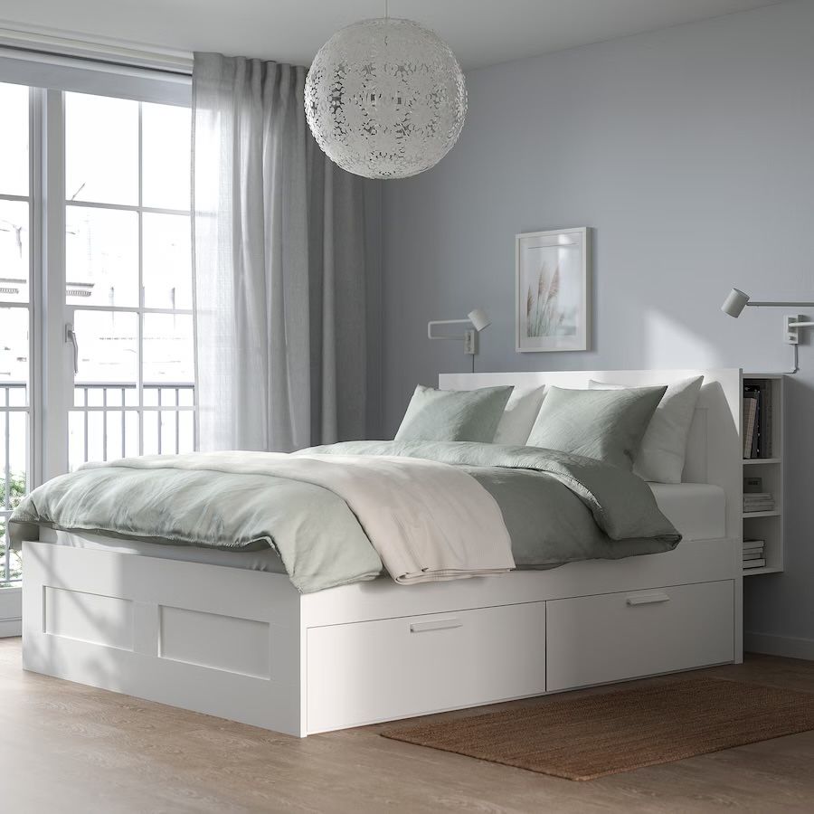 Łóżko BRIMNES -  Rama łóżka z pojemnikiem, zagłówek, biały + dno