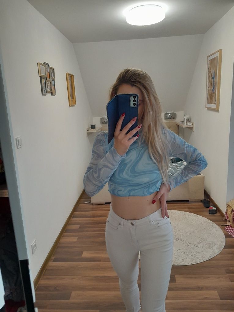 Bluzka mgielka niebieska crip top elegancka siatka xs s