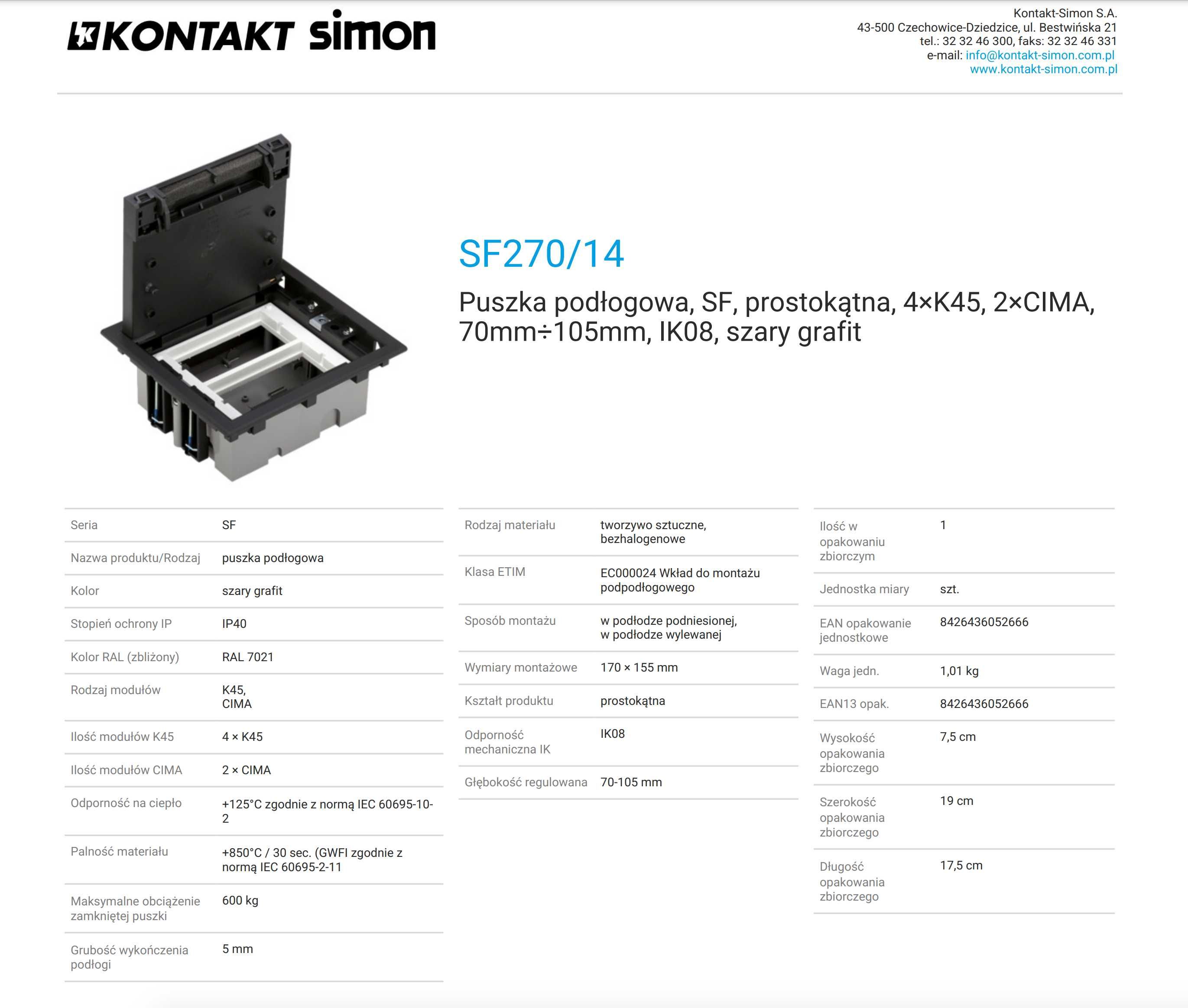 Puszka podłogowa Simon, SF270/14, 4×K45, 2×CIMA, szary grafit NOWA!