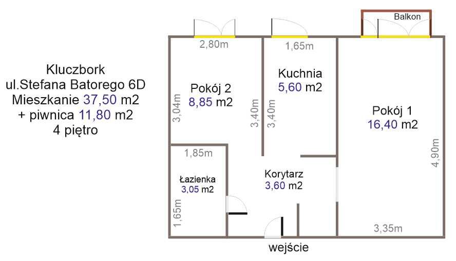 Bezpośrednio Mieszkanie 2 pokoje, 37,5m, blok Batorego +12m piwnica