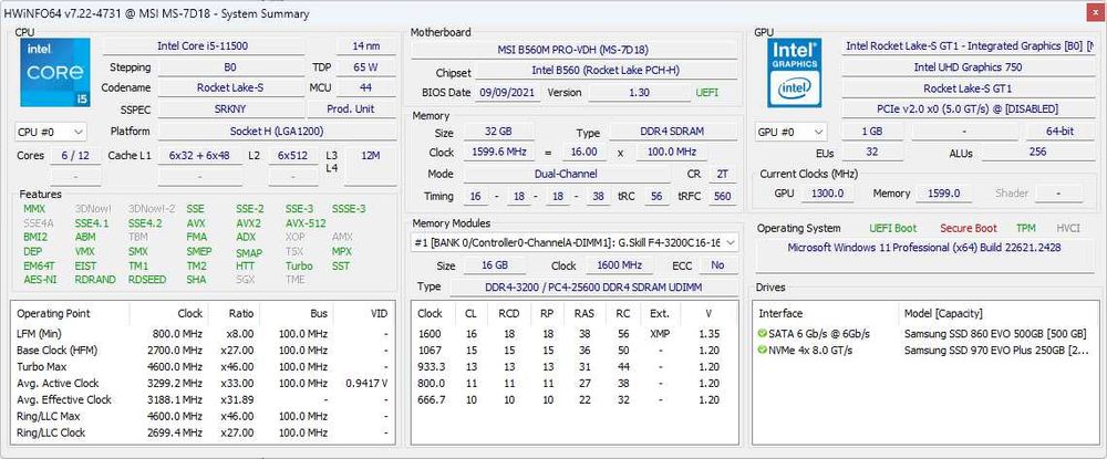 Intel i5-11500 32gb ddr4 Intel UHD 750 SSD samsung 500Gb