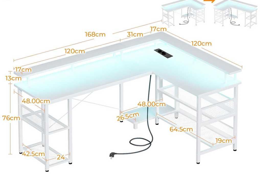 Mesa de gaming de canto [2 tamanhos] USB, tomadas e armazenamento NOVO