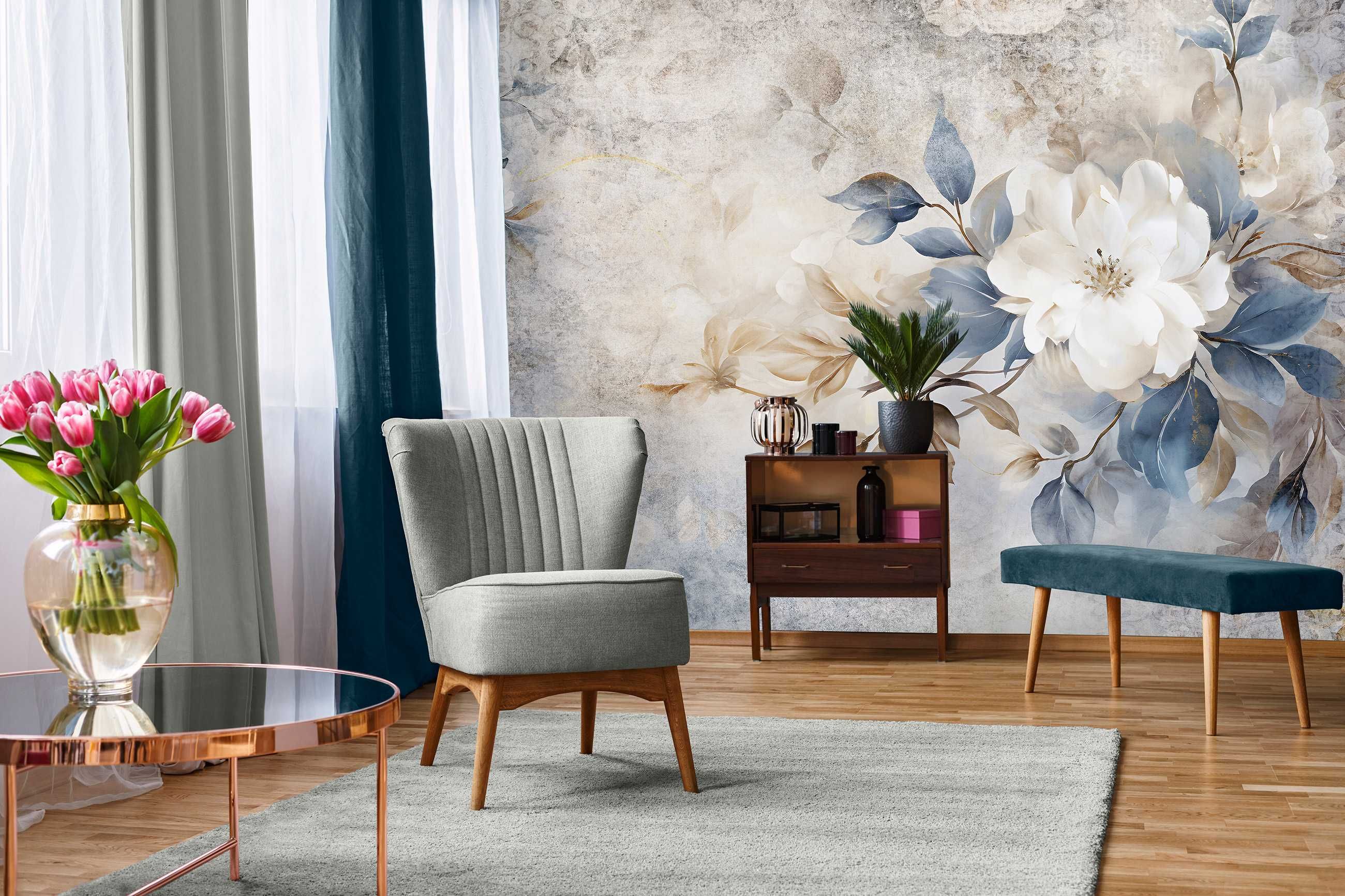 Fototapeta Biały Kwiat Beż Beton Loft Boho 3D Twój Rozmiar + KLEJ