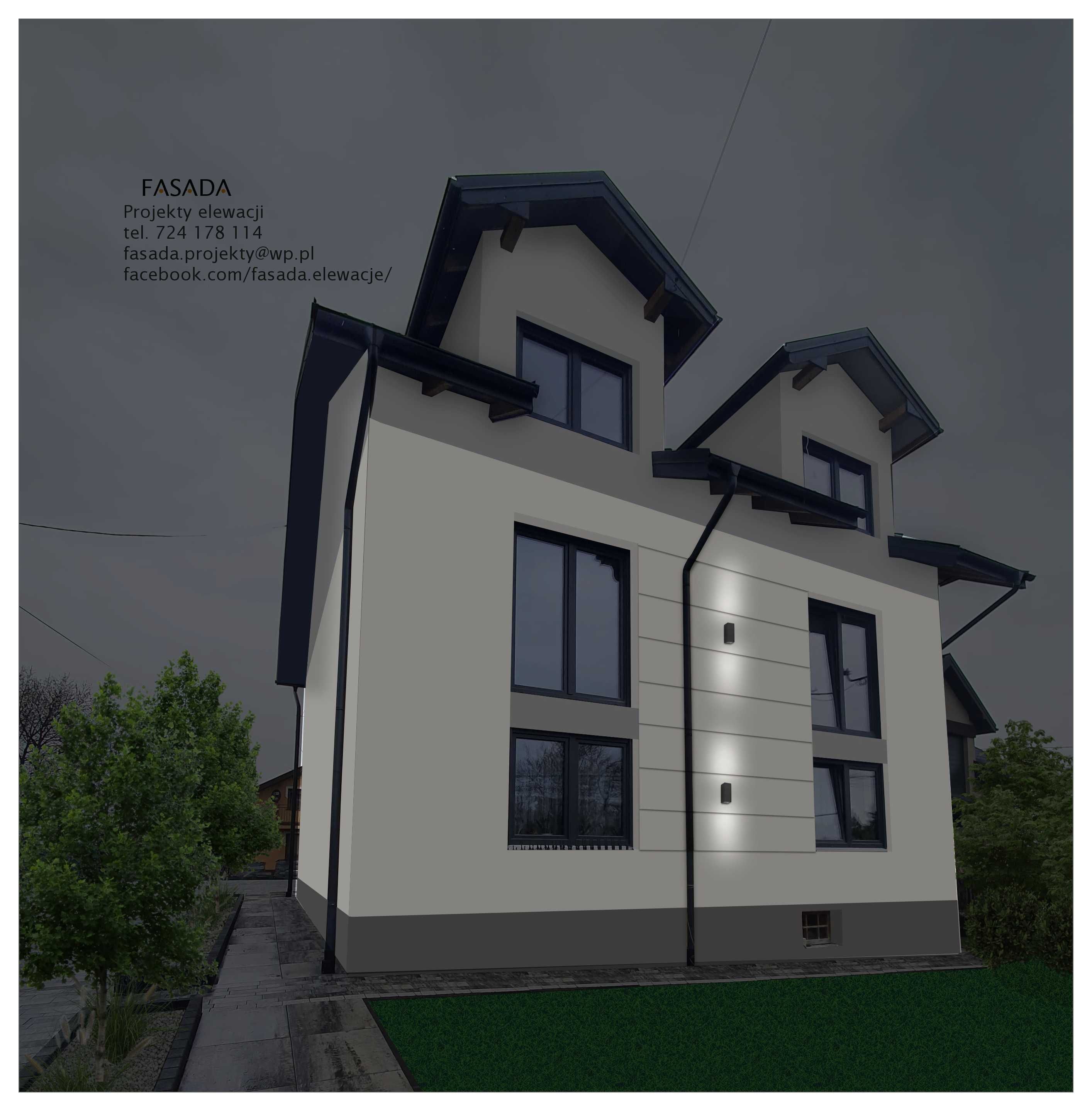 NOWOCZESNY projekt całej elewacji na zdjęciach/model 3D