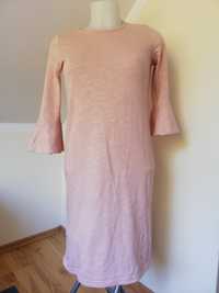 Długa sukienka tunika dresowa róż 36 S falbana rękaw 3 /4 bluza