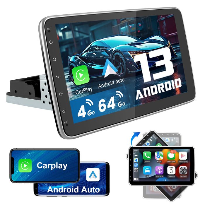 Rádio Android CarPlay Universal Ecrã Rotativo 10" 4/64GB WiFi GPS BT