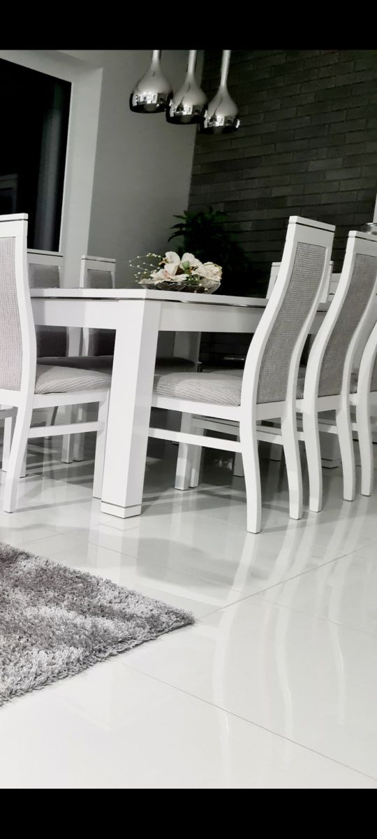Producent Firma LENA duży stół 8* krzesła, biały połysk chrom 180-230
