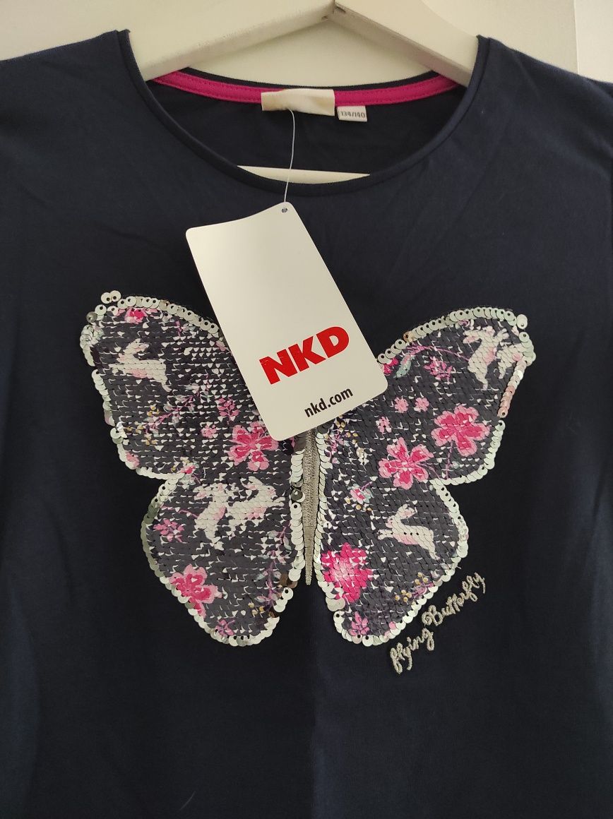 Koszulka bluzka granatowa motyl cekiny NKD nowa 134 na 140 na 146