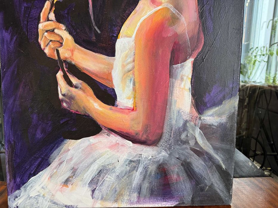 Piękny, duży obraz olejny na płótnie. Baletnica tancerka dziewczyna