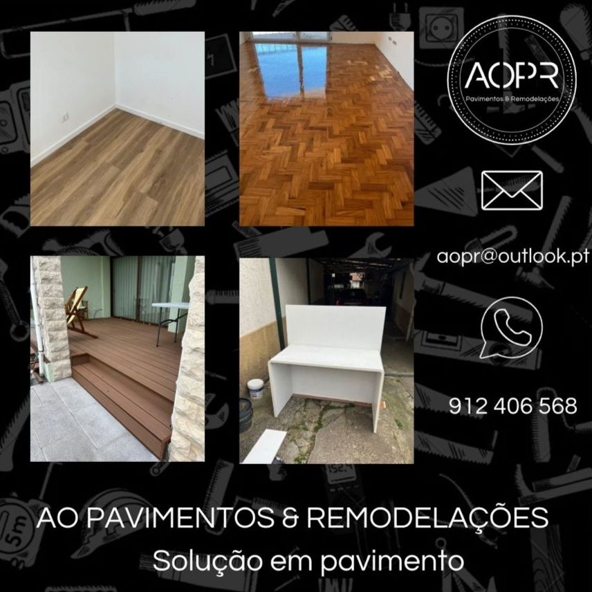 Raspagem de pavimentos em madeira, aplicação flutuante, deck e esmalte