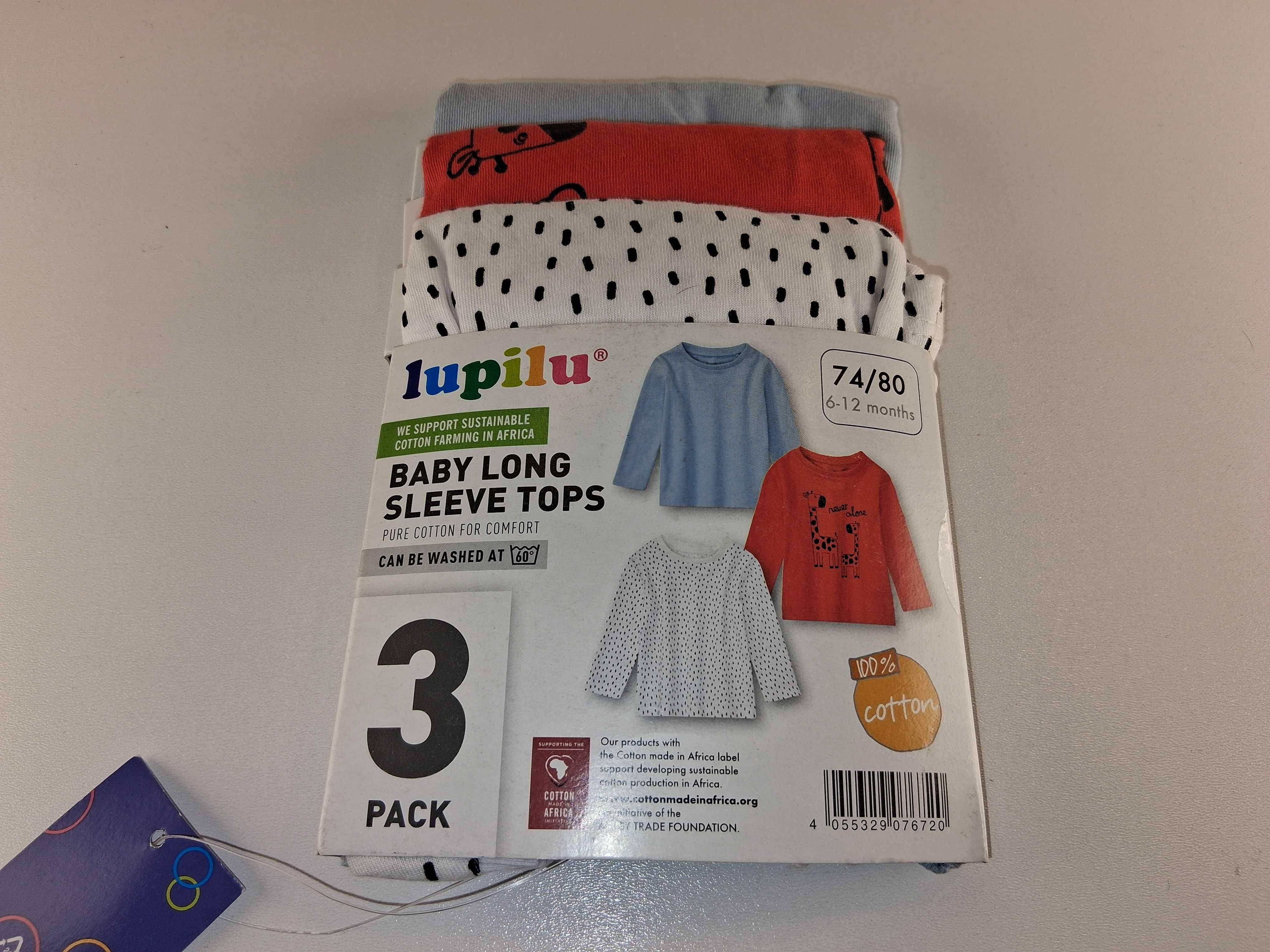 A153 Lupilu Baby Long Sleeve Tops 3-pak Bluzki Bawełniane Rozm. 74/80
