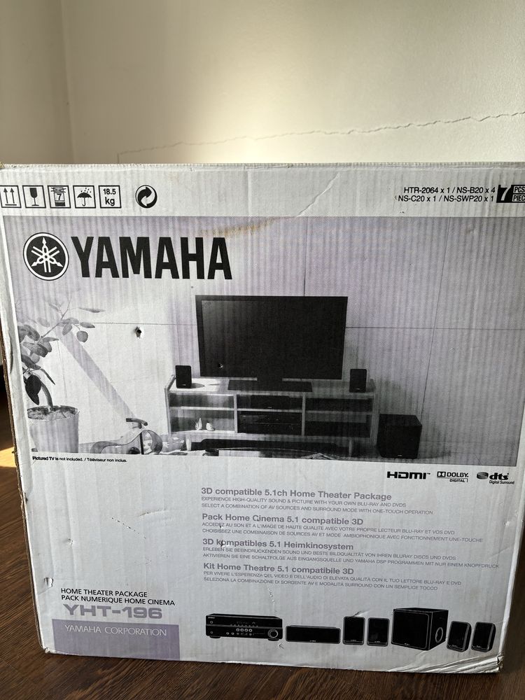 Sistema de som YAMAHA 5.1 - amplificador, colunas, subwoofer, suporte