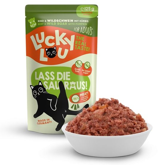 Karma dla kota bez zbóż, cukru i GMO - Lucky Lou WOŁOWINA i DZIK 125g