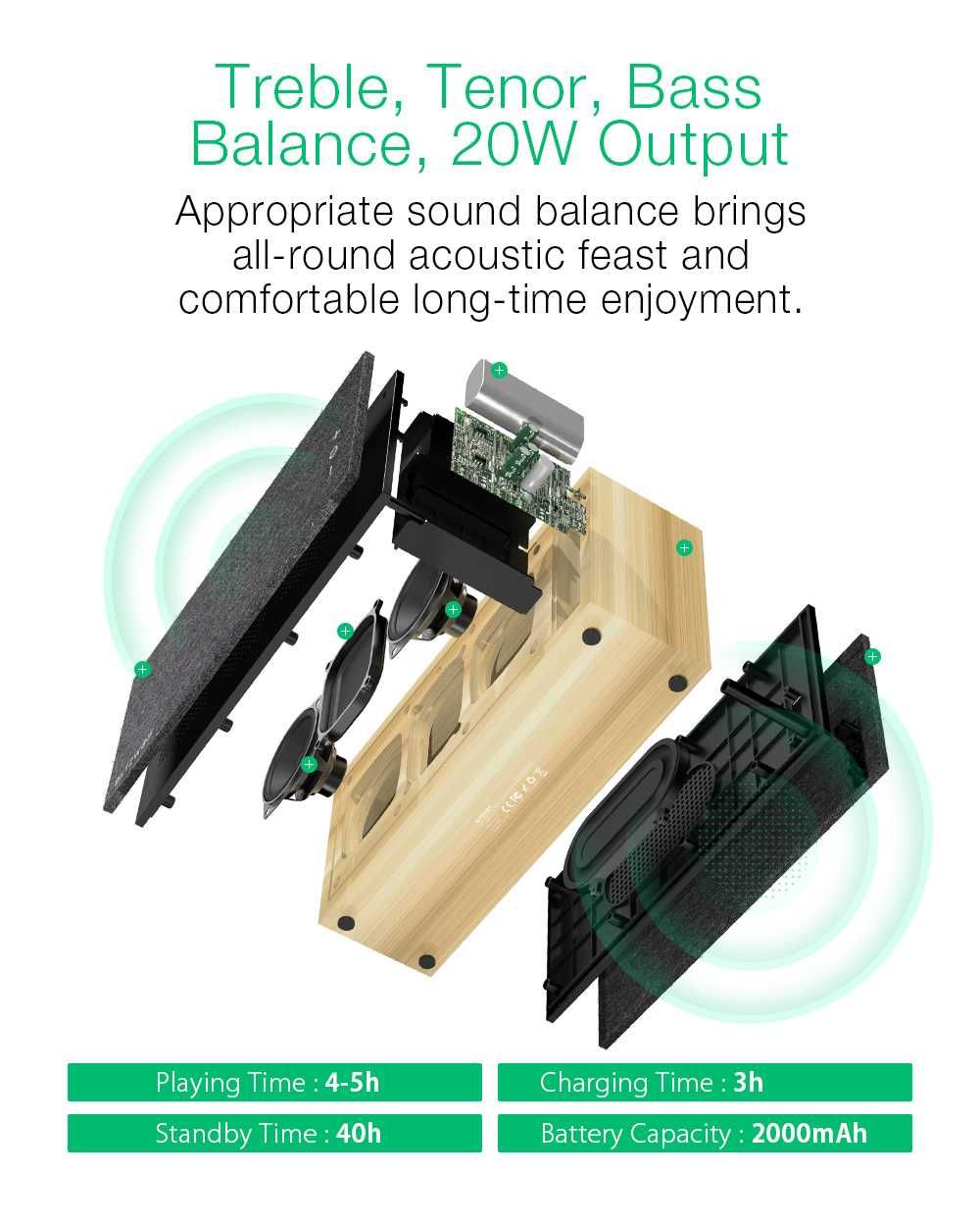 Coluna Bluethoot V5.0 Blitzwolf, em Bamboo, estilo Minimalista