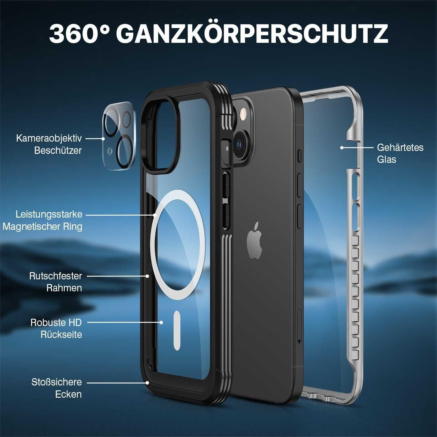 CENHUFO etui 360 do iPhone 15 pancerne etui magsafe + szkło na aparat