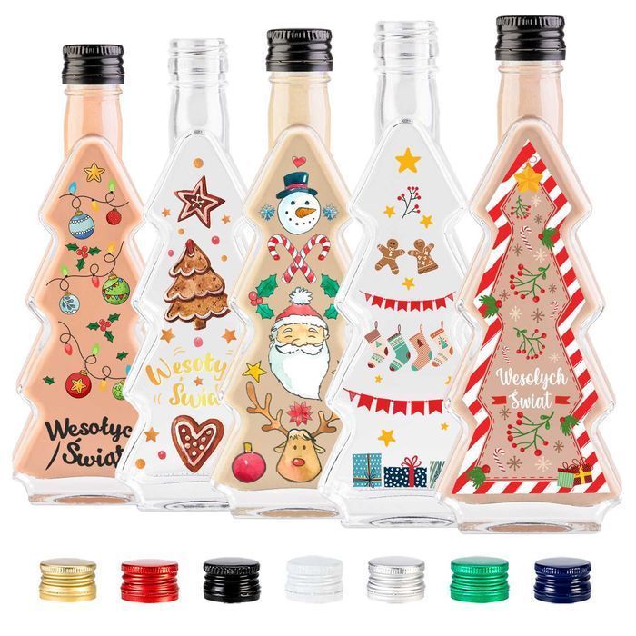 5x Butelki świąteczne na nalewki likiery 200 ml z + KORKI + NAKLEJKI