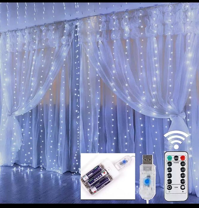 Гірлянда штора 3*3роса , батарейки, юсб тепла, біла, герлянда