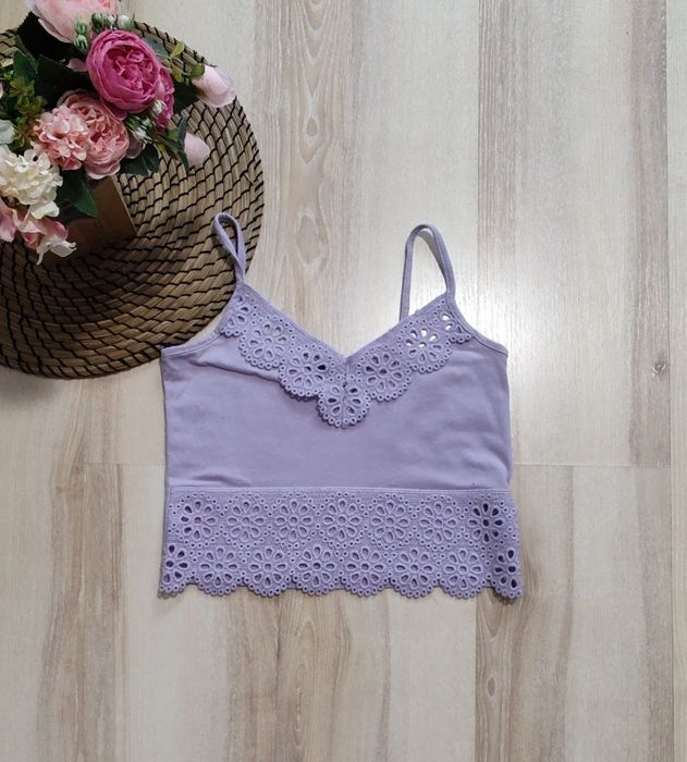Fioletowy liliowy crop top z haftem koronką 36 S Primark
