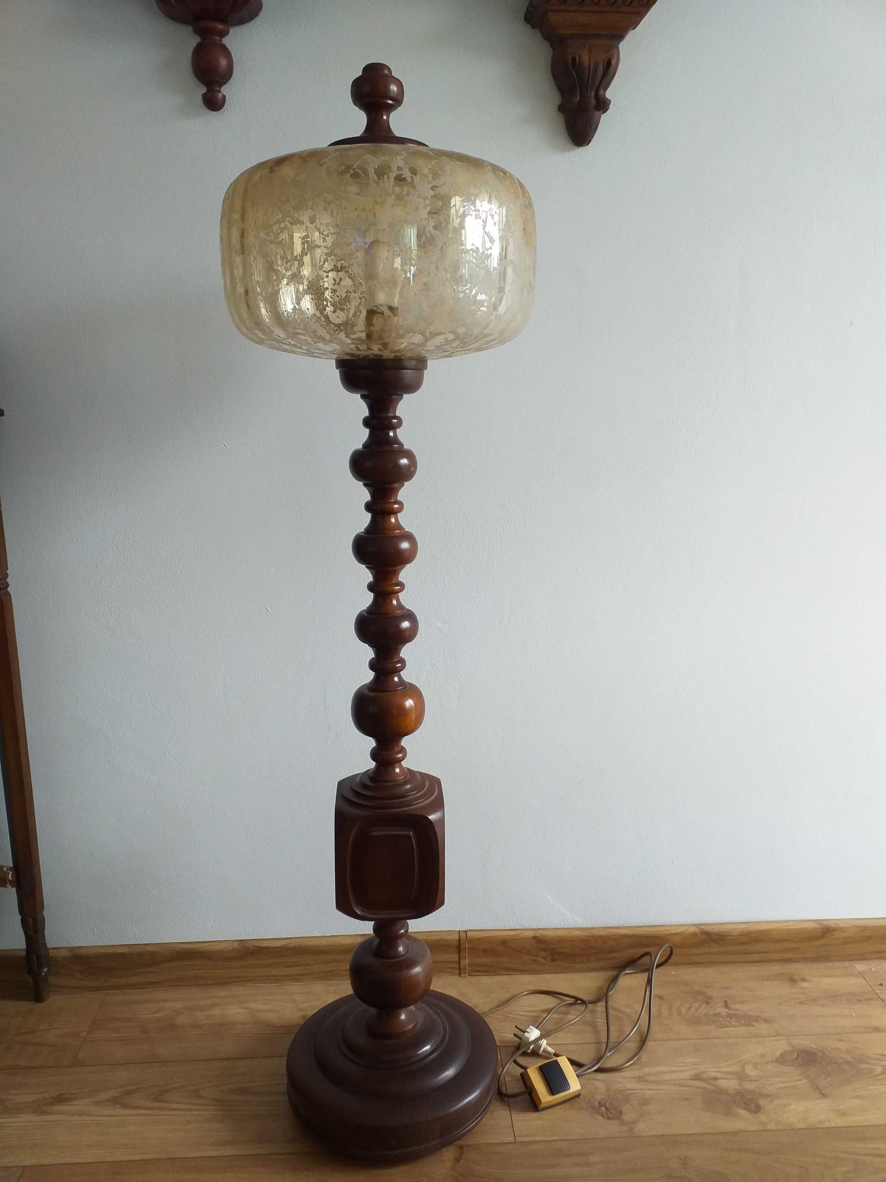 Dębowa Lampa stojąca z kloszem kompletna