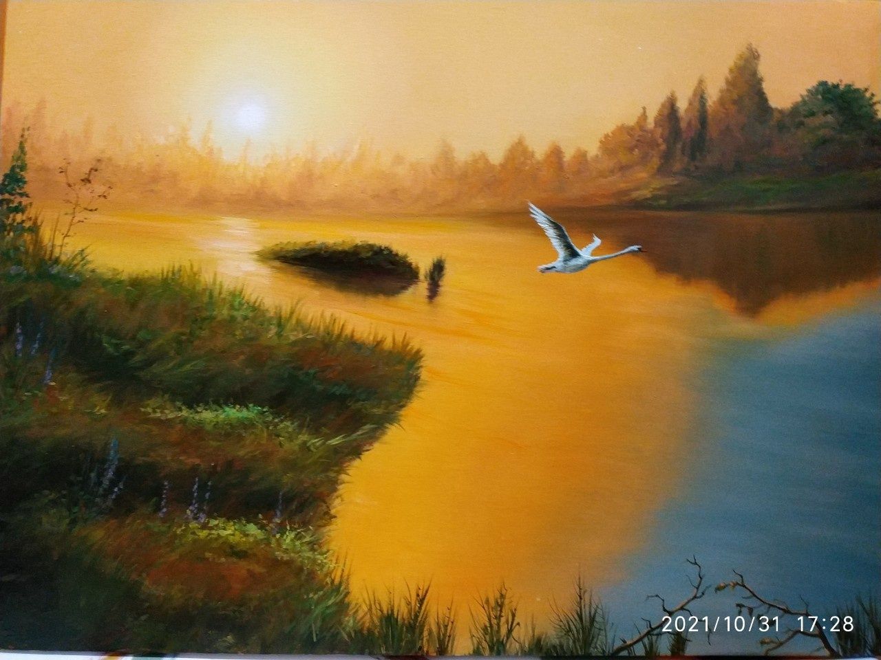 Картина маслом захід на озері