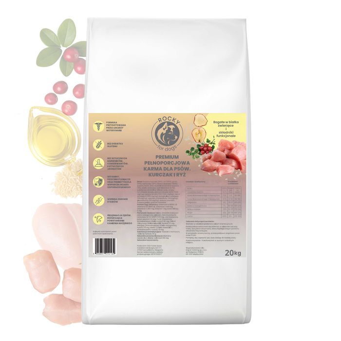 20 Kg Sucha Karma Dla Psa Rocky Premium Świeży Kurczak Ryż Bezzbożowa