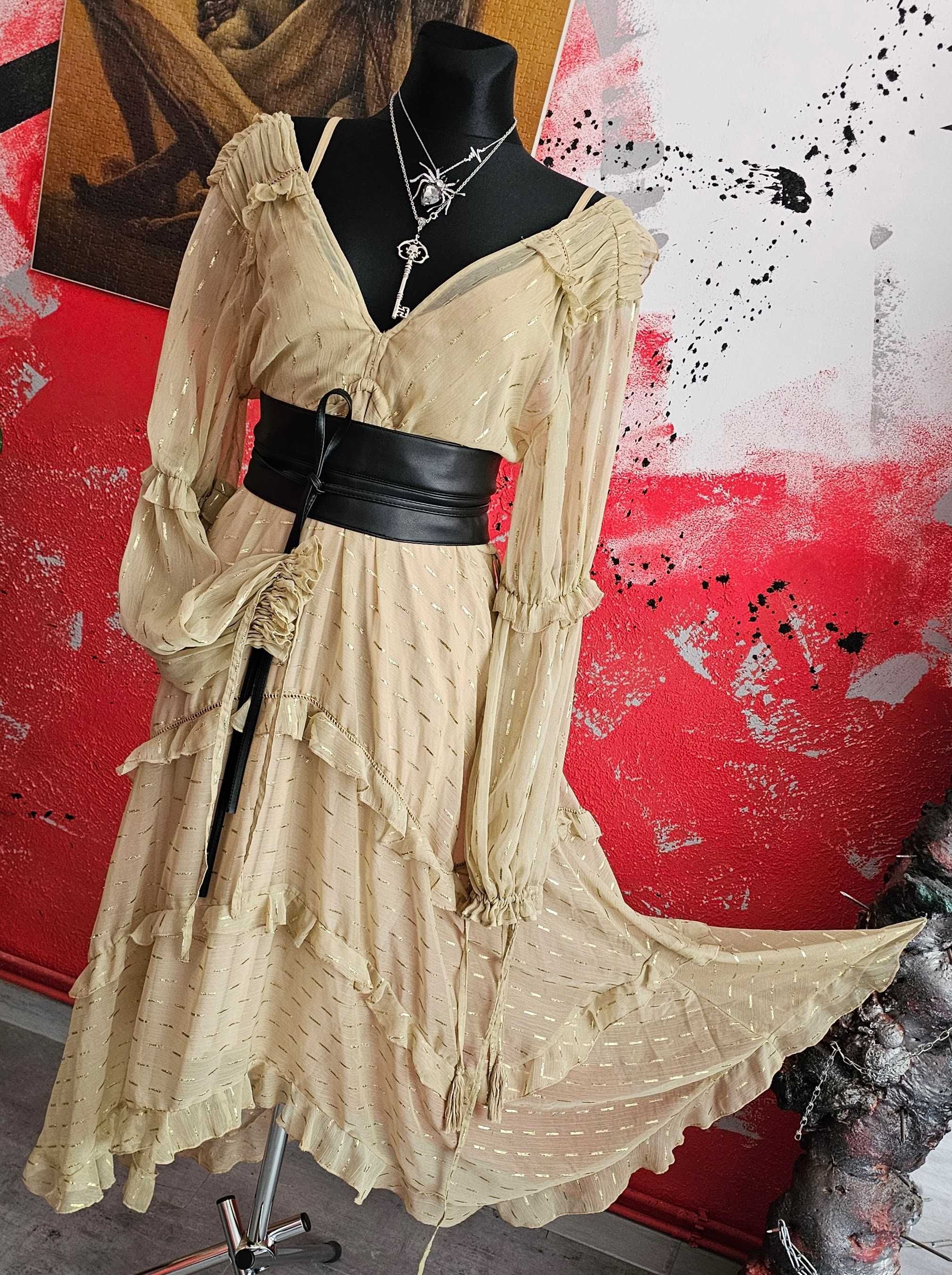 Asymetryczna zwiewna cudna sukienka boohoo Szampański + złoto XXL