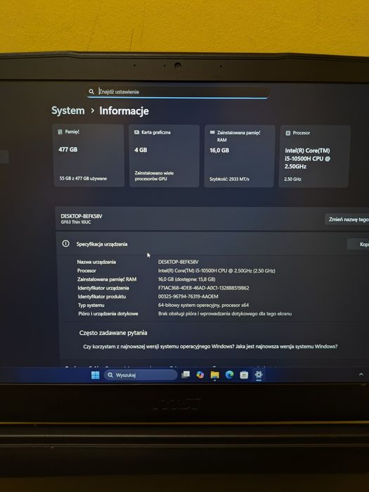 Laptop MSI do GIER i5-10Gen, RTX 3050 4GB, 16GB DDR4 NOWA BATERIA!