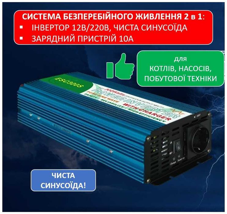 Система ДБЖ для котла: інвертор чистий синус + 10А зарядка акумулятора