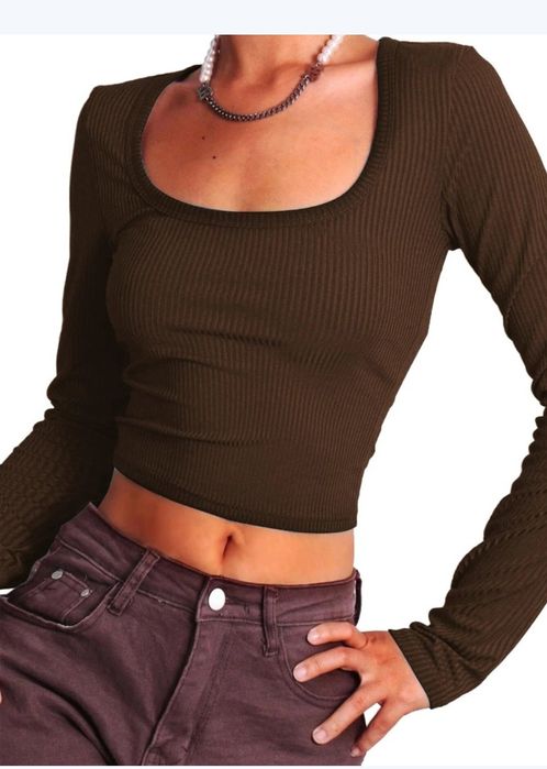 Crop top, Top z długim rękawem, kolor ciemna kawa, rozmiar L