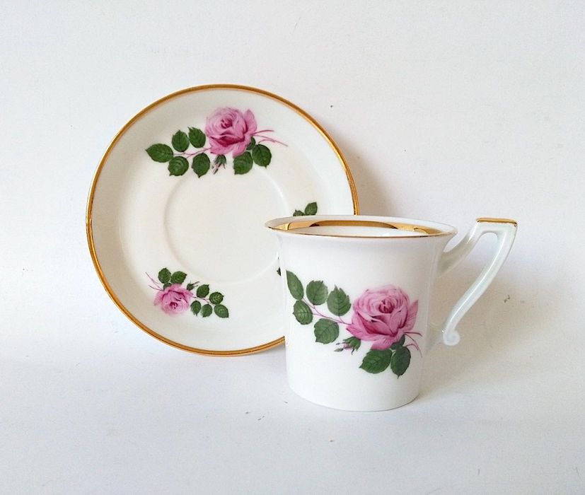 Filiżanka do mokki duo zestaw spodek z różą róże złocenia uroczy