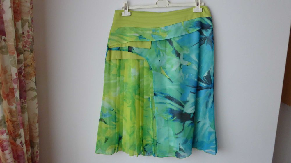 Spódnica zwiewna sztuczny jedwab piękna turkus limonka JUMITEX r. 44