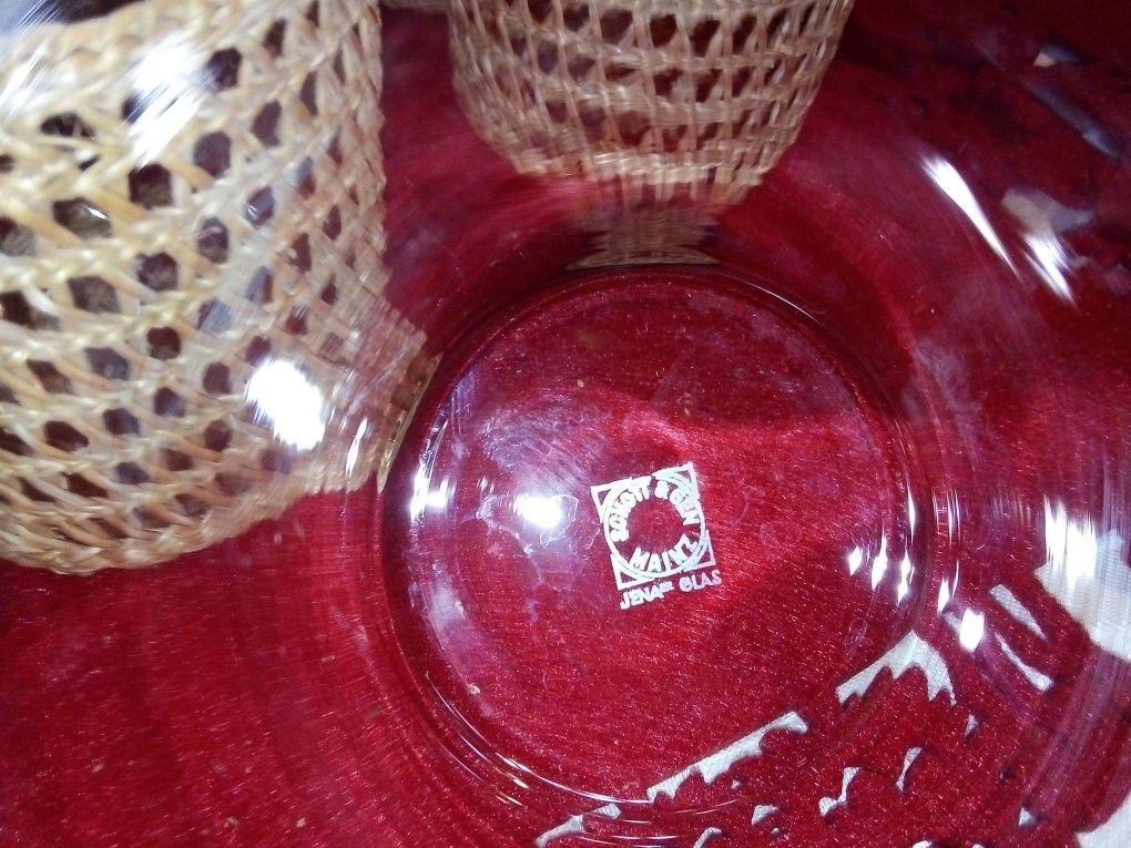 Stare szklanki plecione koszyczki boho Jena Glas Schott retro vintage