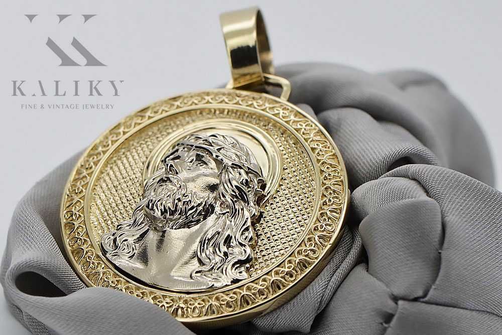 Złota zawieszka Jezusa 14k 585 z żółtego białego złota pj005yw Wr 36mm