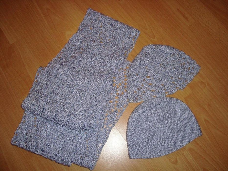 Komplet wrzosowy szal + dwie czapki HandMade