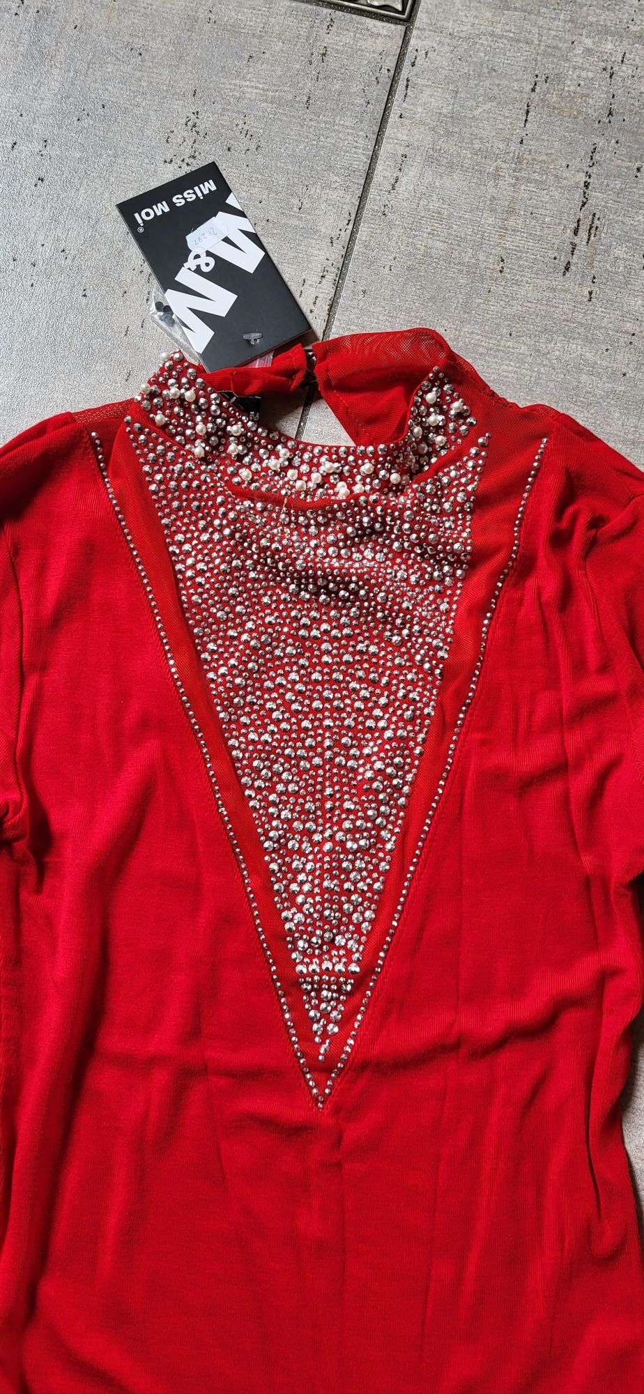 Miss Moi włoska bluzka zdobiona czerwona cyrkonie perły premium uni