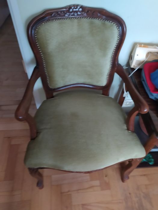 Fotel, szaro - zielony, drewniana rama