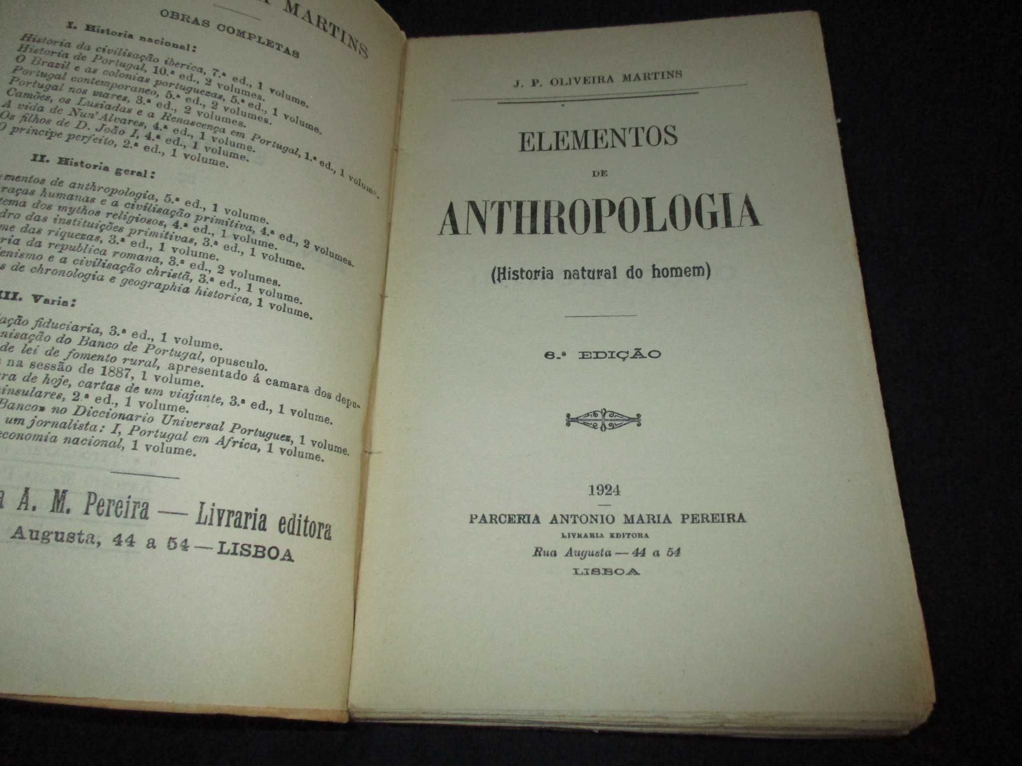 Livro Elementos de Antropologia Oliveira Martins Parceria Pereira 1924