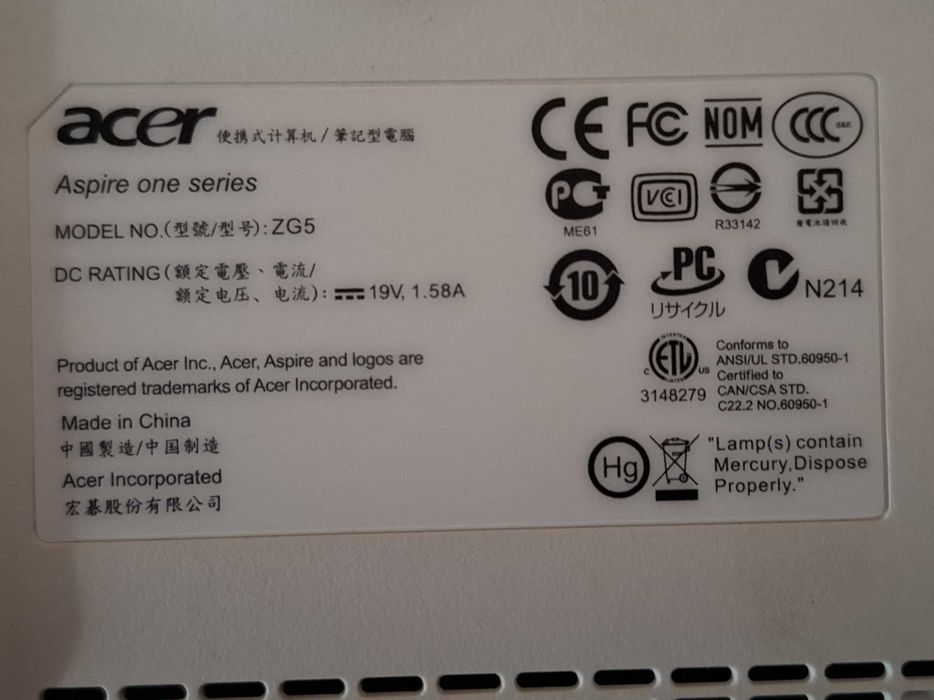 Portátil mini Acer Aspire One ZG5 - Para Peças