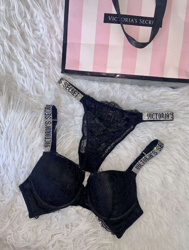 Komplet Victorias Secret biustonosz push up majtki figi stringi XS S M