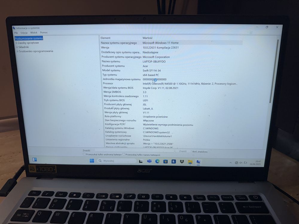 Laptop acer Windows 11