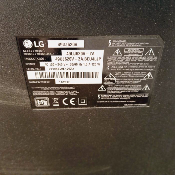 TV LG 49" para peças – Placa, fonte, carcaça – Painel com defeito