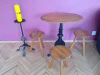 Stolik i trzy stołki drewniane ręczna robota