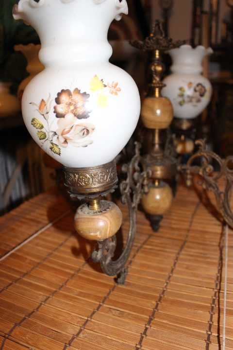 stary żyrandol mosiądz + drewno piękny lampa PRL vintage retro