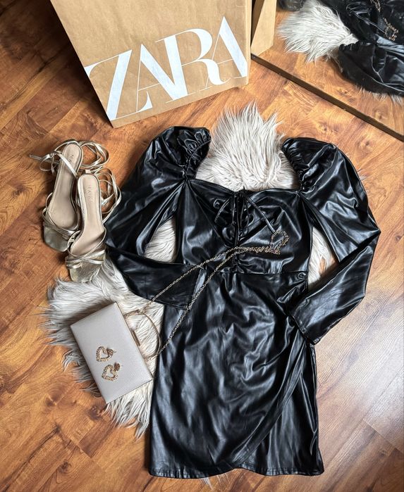 Sukienka czarna bufiaste rękawy gorsetowa gorset sylwester skóra skaja