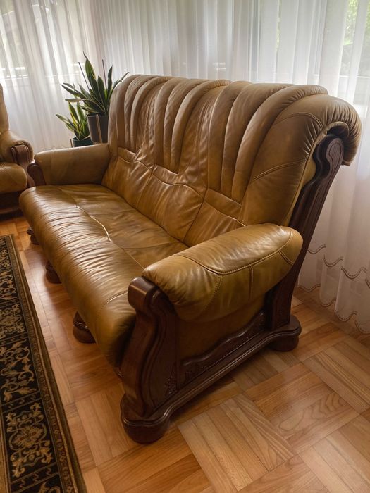 Zestaw wypoczynkowy skóra (1 + 2 +3) dąb + jasny brąz