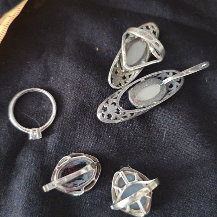 Винтаж серьги кулон серебро фианит гематит кошачий глаз