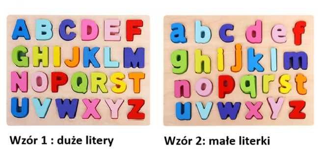 Drewniany alfabet układanka edukacyjna puzzle małe duże literki