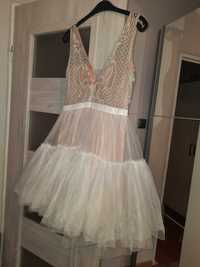 Sukienka z tiulem, ecru-biała