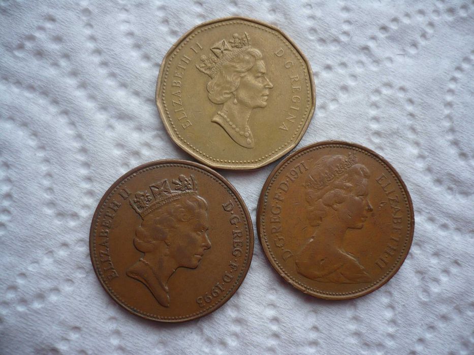Monety Elizabeth 2. New Pence 1971 rok, 93 rok i 1990 rok.